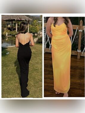 Black gown and Zara Draped Satin Maxi Dress in Yellow-Orange